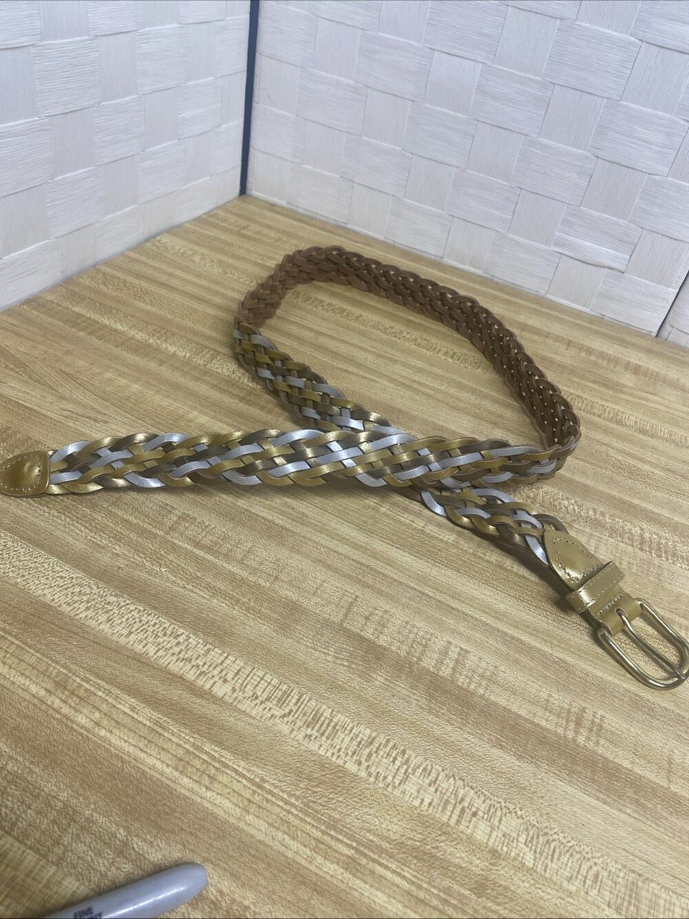 Woven Braided Gold Silver Bronze Tone Women's Leather Belt 1” Wide Sz X-Large